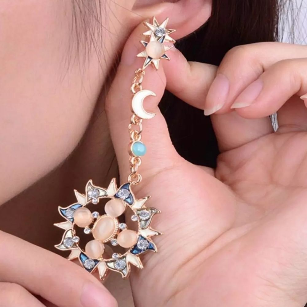 BOHEMIAN Sun & Moon Goldtone Stud Earrings - Picture 2 of 6